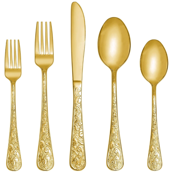 20-Piece Vintage Carved Gold Stainless Steel Flatware Set Online Sale