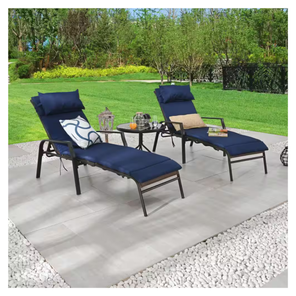 3-Piece Patio Festival Metal Outdoor Chaise Lounge With Blue Cushions For Sale