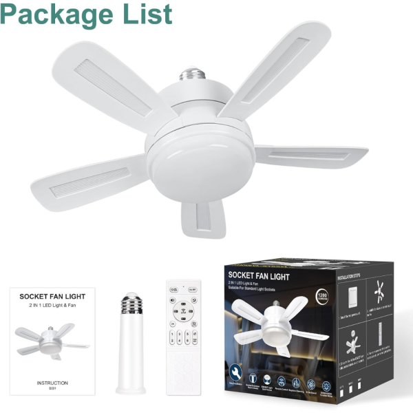 6 Speeds 3 Colors 3000K-6000K Dimmable 1200 Lumen Socket Fan With Light Supply