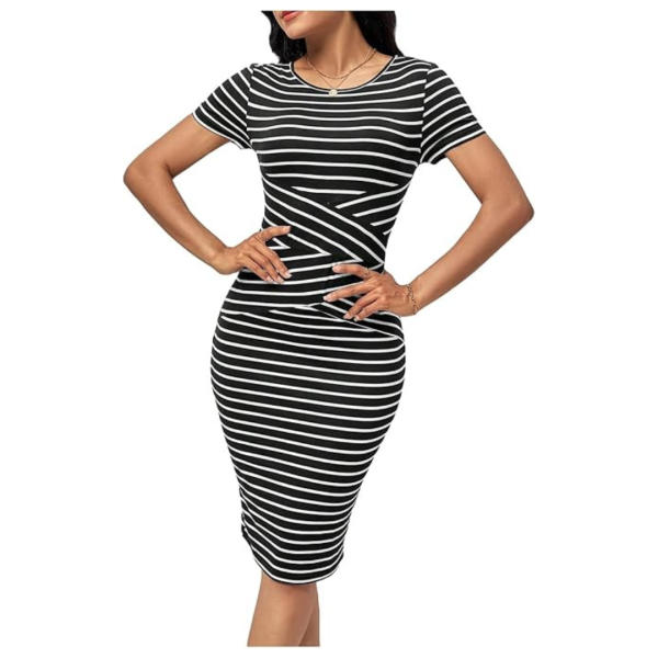 Women s Striped Print Bodycon Short Sleeve Crewneck Pencil Dresses For Cheap