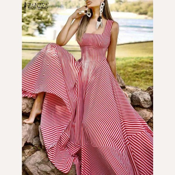2023 Bohemian Holiday Sundress ZANZEA Summer Elegant Maxi Dress Women Chic Striped Robe Longue Beach Party Sleeveless Dress Online now