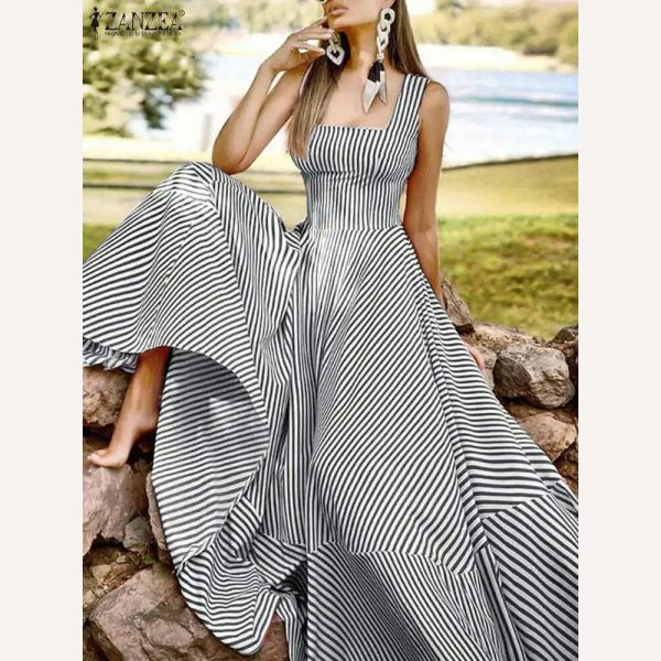 2023 Bohemian Holiday Sundress ZANZEA Summer Elegant Maxi Dress Women Chic Striped Robe Longue Beach Party Sleeveless Dress Online now - Image 2