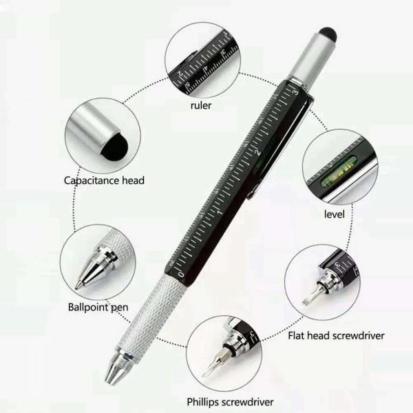 6 In1 Multi-Function Ballpoint Pen 1PC Modern Handheld Tool Measure Technical Ruler Screwdriver Touch Screen Stylus Spirit Level Online - Image 2
