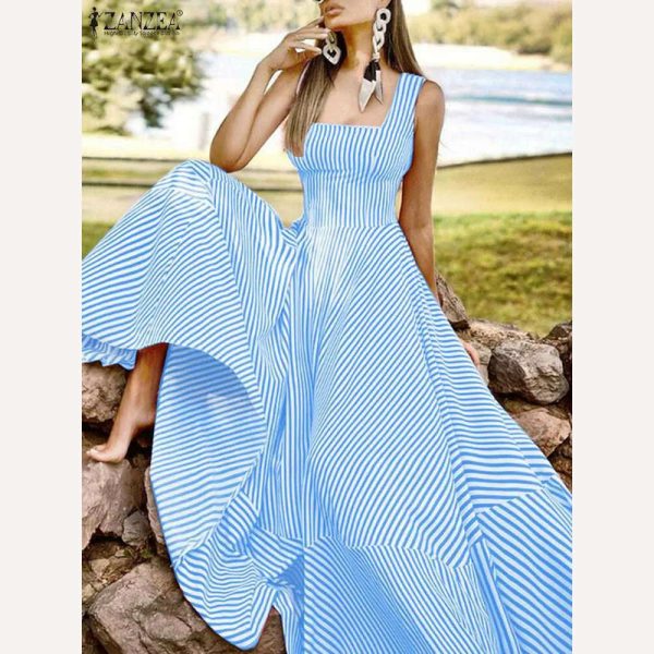 2023 Bohemian Holiday Sundress ZANZEA Summer Elegant Maxi Dress Women Chic Striped Robe Longue Beach Party Sleeveless Dress Online now - Image 3